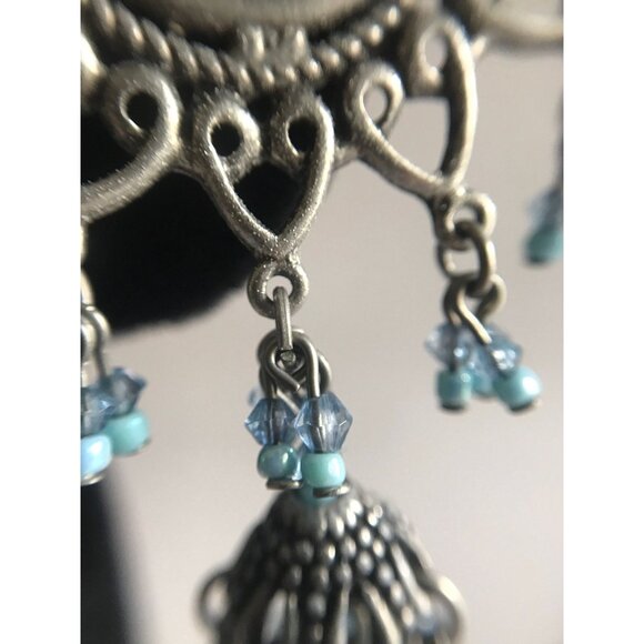 Vintage Circle Heart Mini Blue Beads Pierced Wire Chandelier Dangle Earrings - Picture 6 of 8
